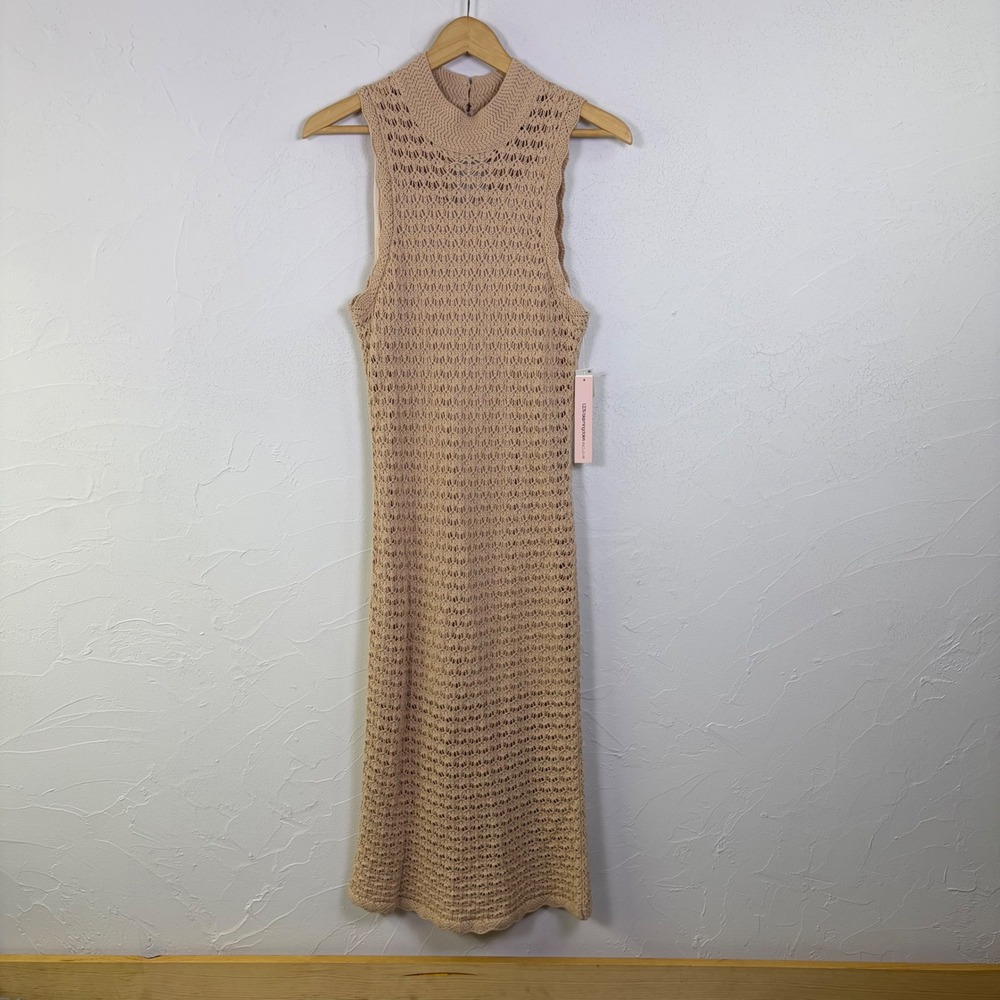 NEW AQUA Crochet Sleeveless Dress Womens Medium Oat Tan Open Knit Boho Beachy
